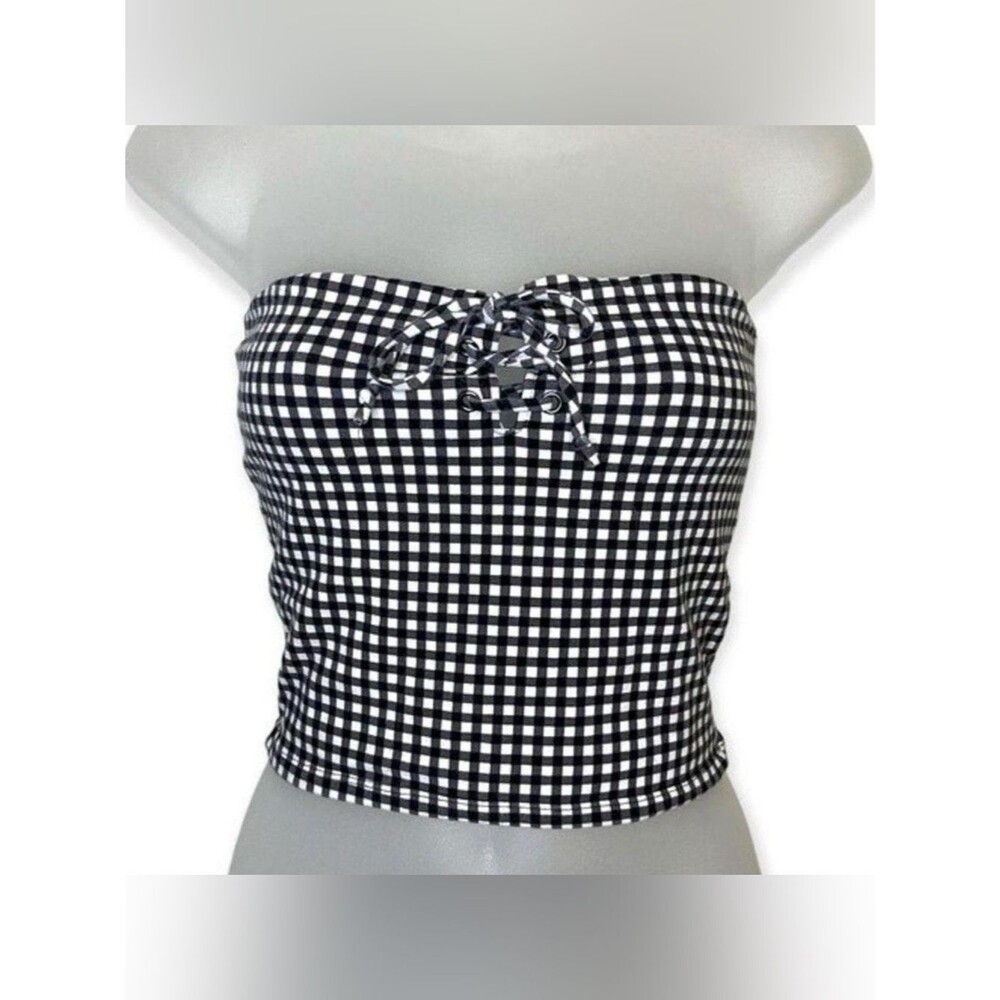 Me to We Gingham Lace Up Strapless Crop Top Black White Size S